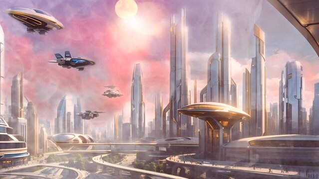 Looping Time-Lapse Animation of Utopian Urban Cityscape with Skyscrapers.