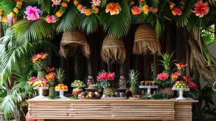 Vibrant Luau Party with Lush Hawaiian Decor and Tropical Delights - obrazy, fototapety, plakaty