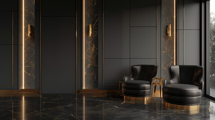 high-end minimalist black and gold home interior, hall, luxury and expensive house
