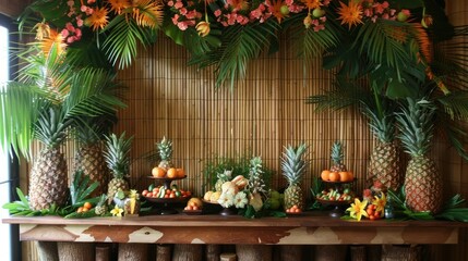 Vibrant Tropical Luau Party Display with Lush Foliage and Festive - obrazy, fototapety, plakaty