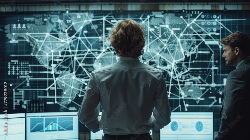 Aufkleber A criminal intelligence analysts exploring a link chart with various suspects connected to the head of a criminal organisation. Generative AI.