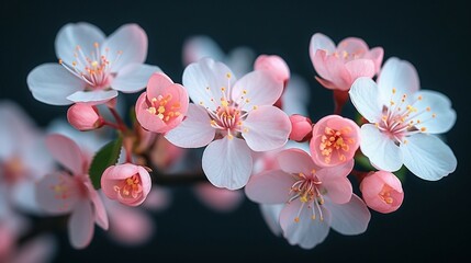 A closeup of cherry blossoms against a dark background. AI generate illustration