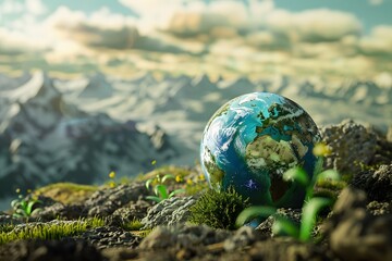 3D illustration of planet earth on the grass, earth day concept symbol