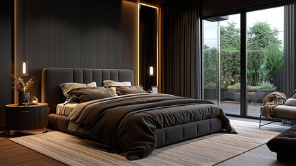 high-end luxury minimalist bedroom, hotel bedroom, rich lifestyle, well-designed