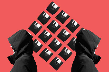 Collage with a man in hood against floppy disk	