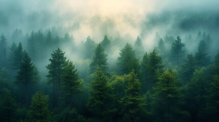 A pine tree forest with a misty atmosphere, evoking a sense of tranquility. AI generate illustration