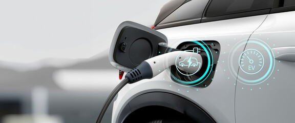 EV Car or Electric vehicle of green energy and eco power produced from sustainable source to supply to charger station in order to reduce CO2 emission, Eco-friendly sustainable energy concept.