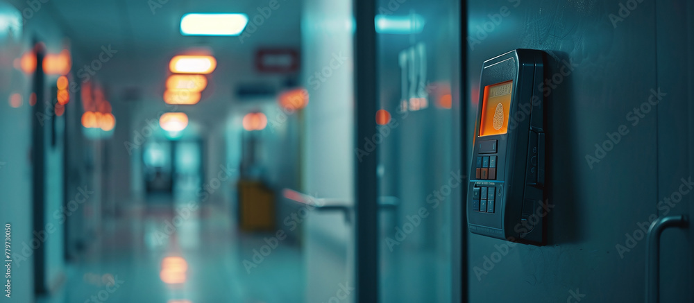 Poster access control system machine with fingerprint scanning on the wall near the front door, office secu