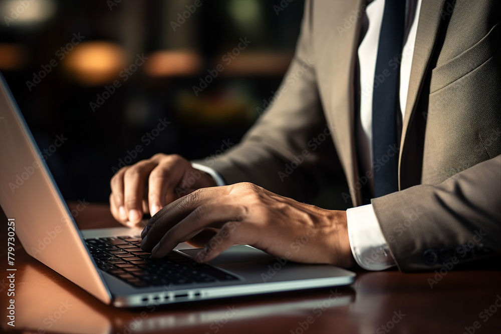 Poster generated with ai close up picture of man fingers typing on a laptop keyboard