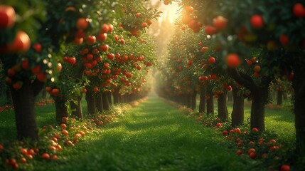 A serene shot of an apple tree orchard with neat rows of trees. AI generate illustration - obrazy, fototapety, plakaty