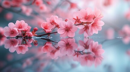 A cherry blossoms in water, creating a serene and poetic reflection. AI generate illustration - obrazy, fototapety, plakaty