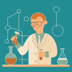 A man in his laboratory working with typical glass laboratory implements, Test tubes, beakers, pipettes, Flasks, Graduated Cylinders, Mortar and Pestle, Test Tube Holder, Test Tube Rack, Spatula, Ther