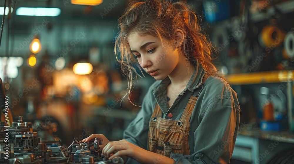 Poster a woman dressed in mechanic overalls, fixing a complex engine in a well-lit auto repair shop. tools 