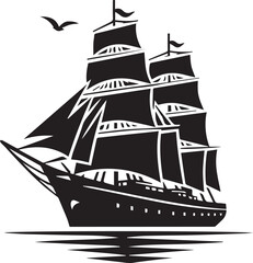 Black and white illustration of a vintage ship, surrounded by flying birds, evoking a sense of adventure and exploration on the high seas.