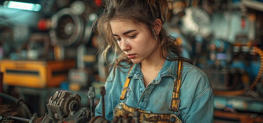 A woman dressed in mechanic overalls, fixing a complex engine in a well-lit auto repair shop. Tools are neatly organized around her. Generative AI.