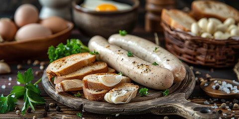 Easter breakfast boiled white sausages, toast and horseradish on a wooden table