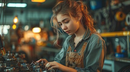 A woman dressed in mechanic overalls, fixing a complex engine in a well-lit auto repair shop. Tools are neatly organized around her. Generative AI.