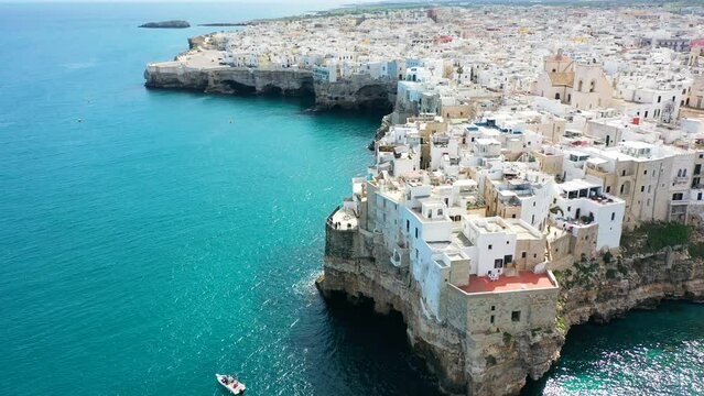 Polignano a Mare, aerial view in front of the sea. Apulia, Italy. 