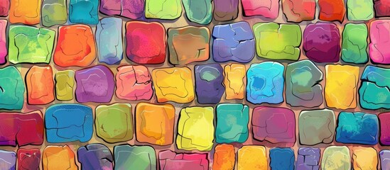 An artistic close up of a wall constructed with vibrant bricks in shades of blue, purple, pink, aqua, magenta, and electric blue, creating a beautiful display of colors and shapes