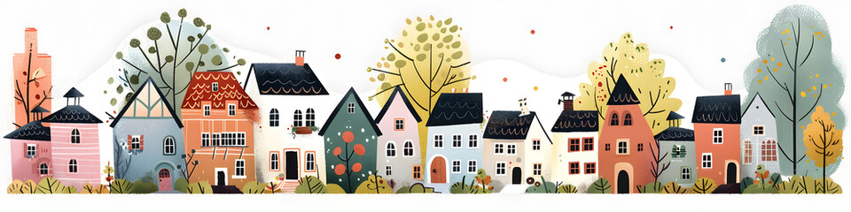 Hand drawn cozy city street, town in trendy children's book flat style horizontal banner