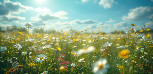 Field of fresh grass and flowers in nature against a blurry blue sky with clouds. Summer spring perfect natural landscape. Generative AI. - obrazy, fototapety, plakaty