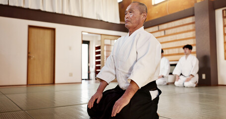 Sensei, Japanese and students in dojo for aikido tradition or respect for exercise, black belt or...
