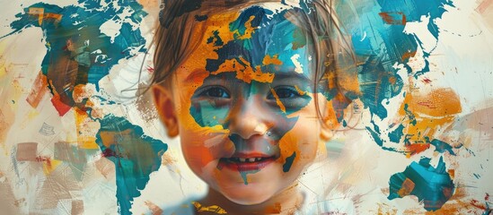 A toddler with a map of the world painted on her face smiles at a happy event. This photomontage...
