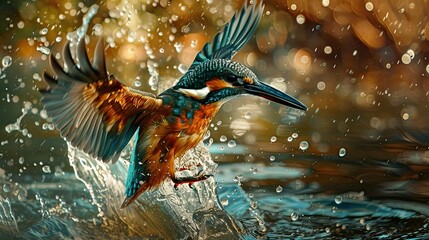 The flight and peck of an imaginary bird over the waters. The combination of the water drops and the bird brings out the simplicity of the pond. - obrazy, fototapety, plakaty