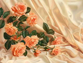 Silk-draped coral roses on beige - Ai Generated