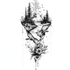 Double exposure style blend of geometric shapes and nature elements tattoo design