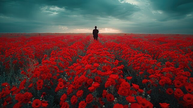 A lone bugler stands amidst a sea of American flags, his solemn notes echoing across the vast expanse, symbolizing the reverence and gratitude of a nation.