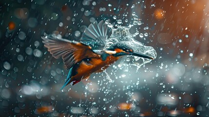 The flight and peck of an imaginary bird over the waters. The combination of the water drops and the bird brings out the simplicity of the pond. - obrazy, fototapety, plakaty