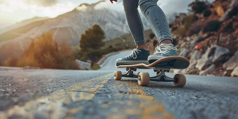 woman riding a skateboard and doing tricks between turns on a mountain pass