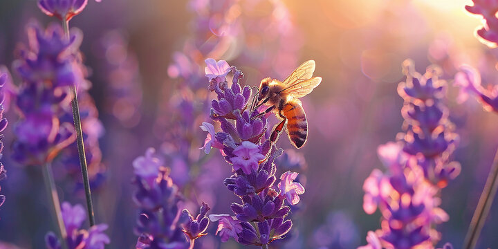 scenic nature with honey bee and butterfly on lavender flowers