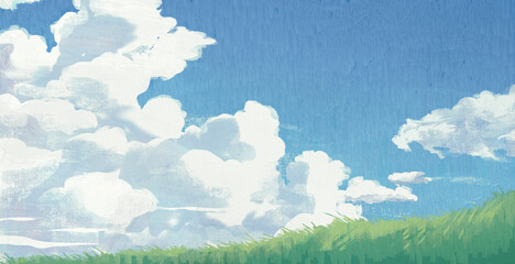 入道雲、青空、芝生…爽やかな夏の風景の手描きイラスト