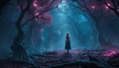 A young maiden in a blue dress walks through a dreamy woodland, with pink and blue light casting an otherworldly glow on the scene.. AI Generation - obrazy, fototapety, plakaty