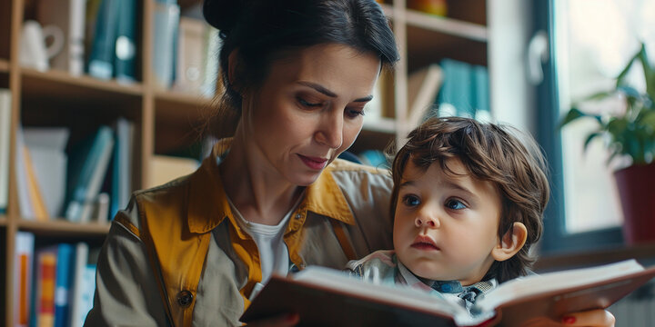 Female psychologist with little boy reading book in office