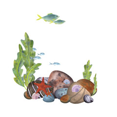 Marine composition, frame, template on a white background. Sea stones, algae, starfish, fish, shells. Watercolor illustration for the design of souvenirs, cards, posters, banners, menus, labels, logos