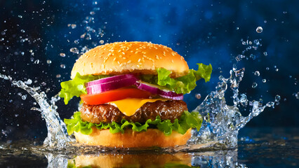 Frischer Hamburger mit Wasserspritzer auf blauem Hintergrund	