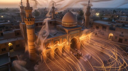 A magical and fantastical concept of what an ancient Arab civilization would have been like in the Great Mosque of Samarra, top angle, evening with light trails - obrazy, fototapety, plakaty