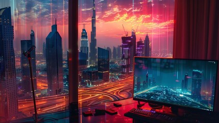 A monitor desk on a table in a dark sky blue and magenta style, Dubai skyscrapers, dramatic lighting
