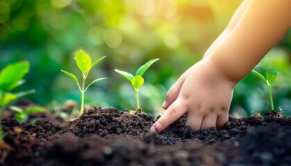 Close up of kids hands putting in mother's hands little green sprout with soil. African woman teaching child for taking care about nature and planet. Generation and new life concept.  - obrazy, fototapety, plakaty