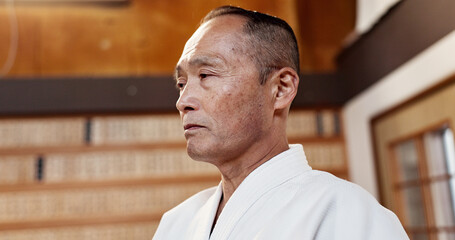 Aikido, master and man in martial arts in class or sensei with pride in traditional gym for...