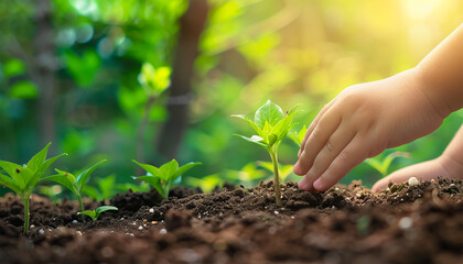 Close up of kids hands putting in mother's hands little green sprout with soil. African woman teaching child for taking care about nature and planet. Generation and new life concept. 
