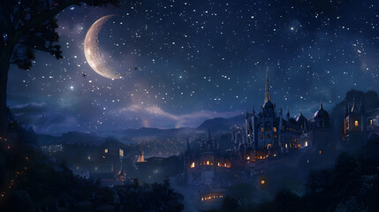 Dreamy night scene with moon and detailed cityscape - Ai generated - obrazy, fototapety, plakaty