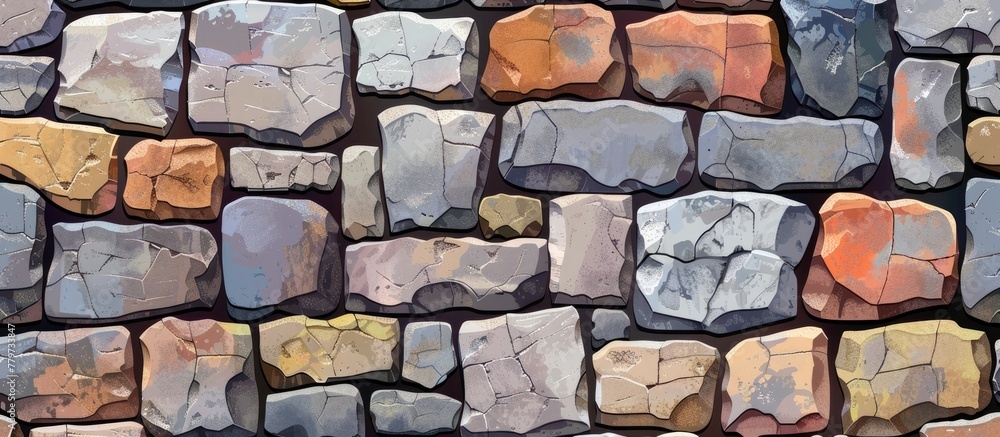 Poster an artistic display of different types of rocks forming a patterned stone wall. the building materia