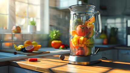 Fototapeta na wymiar Contemporary blender brimming with vibrant fruits - Ai generated