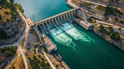 Aerial View of Hydroelectric Dam: Powering Industry and Harnessing Nature's Energy 