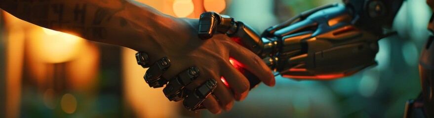  A handshake under backlight where human warmth meets robotic precision