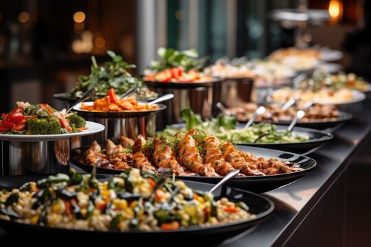 Catering buffet food indoor in luxury restaurant with meat and vegetables.